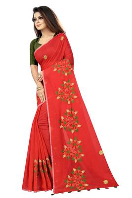Red embroidered chanderi saree with blouse 2