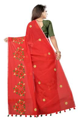 Red embroidered chanderi saree with blouse 3