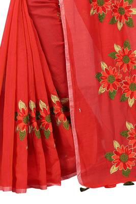 Red embroidered chanderi saree with blouse 4