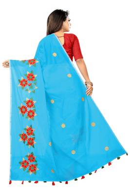 Sky blue embroidered chanderi saree with blouse 3