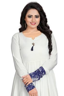 White Printed Rayon Long-Kurtis 2