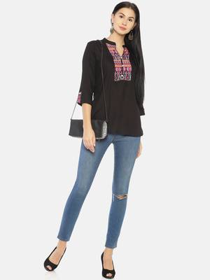 Women'S Black Viscose Solid/Print Straight Kurta 4