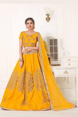 Mustard Thread Embroidery Net Unstitched Lehenga 1