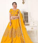 Mustard Thread Embroidery Net Unstitched Lehenga