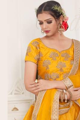 Mustard Thread Embroidery Net Unstitched Lehenga 2