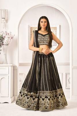 Black Thread Embroidery Net Unstitched Lehenga 1