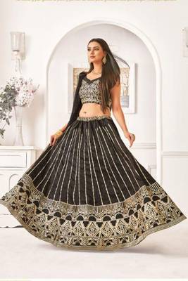 Black Thread Embroidery Net Unstitched Lehenga 2