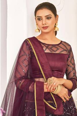 Wine Thread Embroidery Net Unstitched Lehenga 2