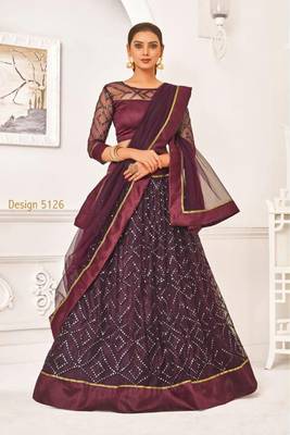 Wine Thread Embroidery Net Unstitched Lehenga 1