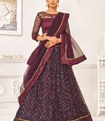 Wine Thread Embroidery Net Unstitched Lehenga