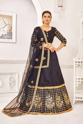 Navy Blue Thread Embroidery Net Unstitched Lehenga 1