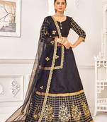 Navy Blue Thread Embroidery Net Unstitched Lehenga