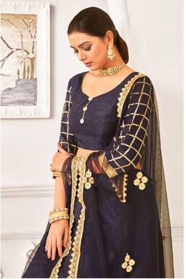 Navy Blue Thread Embroidery Net Unstitched Lehenga 2