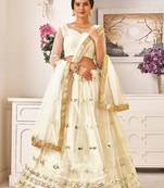 White Thread Embroidery Net Unstitched Lehenga