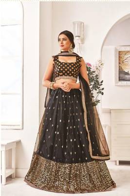 Black Thread Embroidery Net Unstitched Lehenga 1