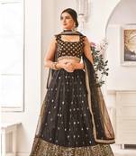 Black Thread Embroidery Net Unstitched Lehenga