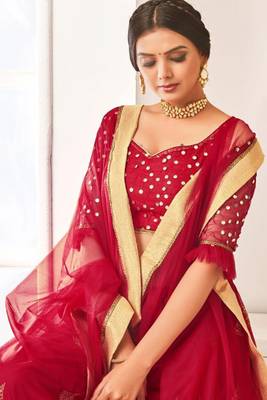 Maroon Thread Embroidery Net Unstitched Lehenga 2