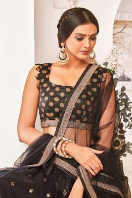 Black Thread Embroidery Net Unstitched Lehenga 2