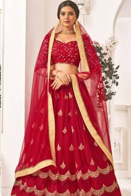 Maroon Thread Embroidery Net Unstitched Lehenga 1