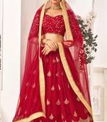Maroon Thread Embroidery Net Unstitched Lehenga