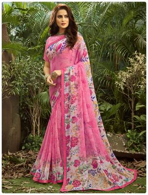  pink printed georgette saree with blouse 1