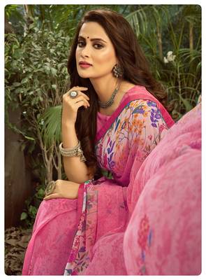  pink printed georgette saree with blouse 2