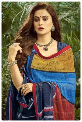  blue printed georgette saree with blouse 2