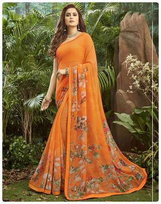  orange printed georgette saree with blouse 1
