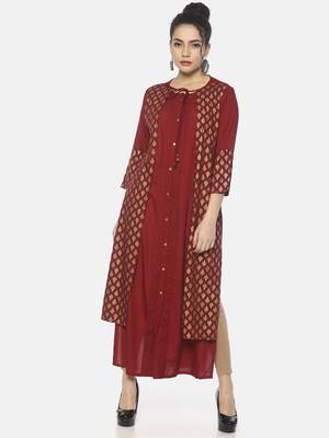 Women'S Maroon Solid/Print Solid/Print Straight Kurta 1