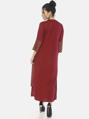 Women'S Maroon Solid/Print Solid/Print Straight Kurta 2
