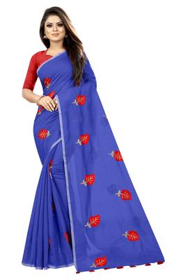 Blue embroidered chanderi saree with blouse 1