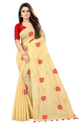 Cream embroidered chanderi saree with blouse 1