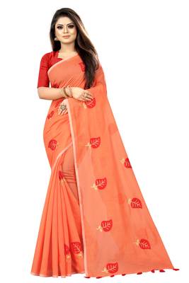 Peach embroidered chanderi saree with blouse 1