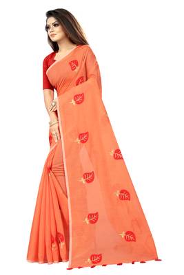 Peach embroidered chanderi saree with blouse 2