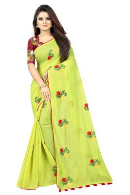 Parrot green embroidered chanderi saree with blouse 1