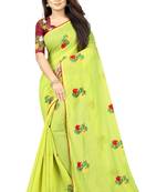 Parrot green embroidered chanderi saree with blouse