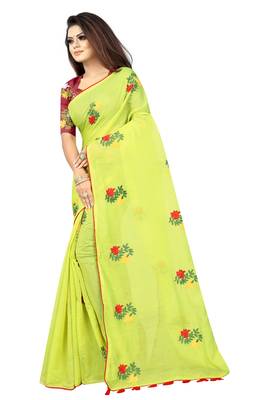 Parrot green embroidered chanderi saree with blouse 2