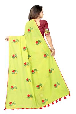 Parrot green embroidered chanderi saree with blouse 3