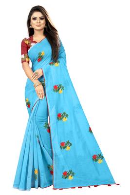 Sky blue embroidered chanderi saree with blouse 1