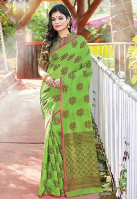 Light green woven cotton saree with blouse 1