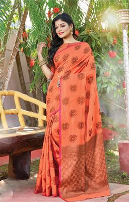 Peach woven cotton saree with blouse 1