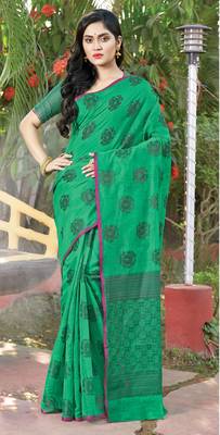 Green woven cotton saree with blouse 1
