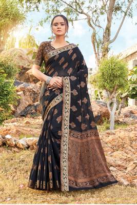 Black woven cotton saree with blouse 1