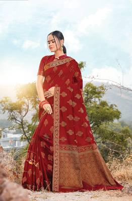 Red woven cotton saree with blouse 1