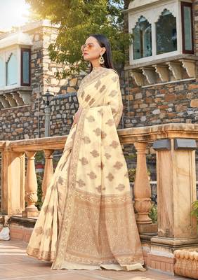 Cream woven cotton saree with blouse 1