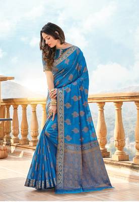 Turquoise woven cotton saree with blouse 1