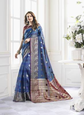 Turquoise woven cotton saree with blouse 1
