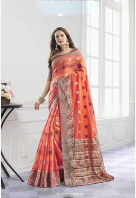 Peach woven cotton saree with blouse 1