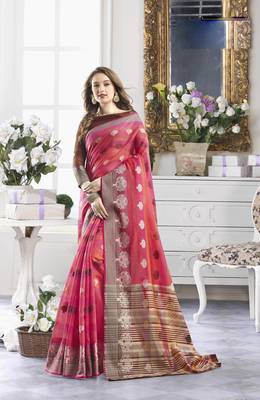 Pink woven cotton saree with blouse 1