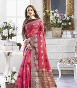 Pink woven cotton saree with blouse